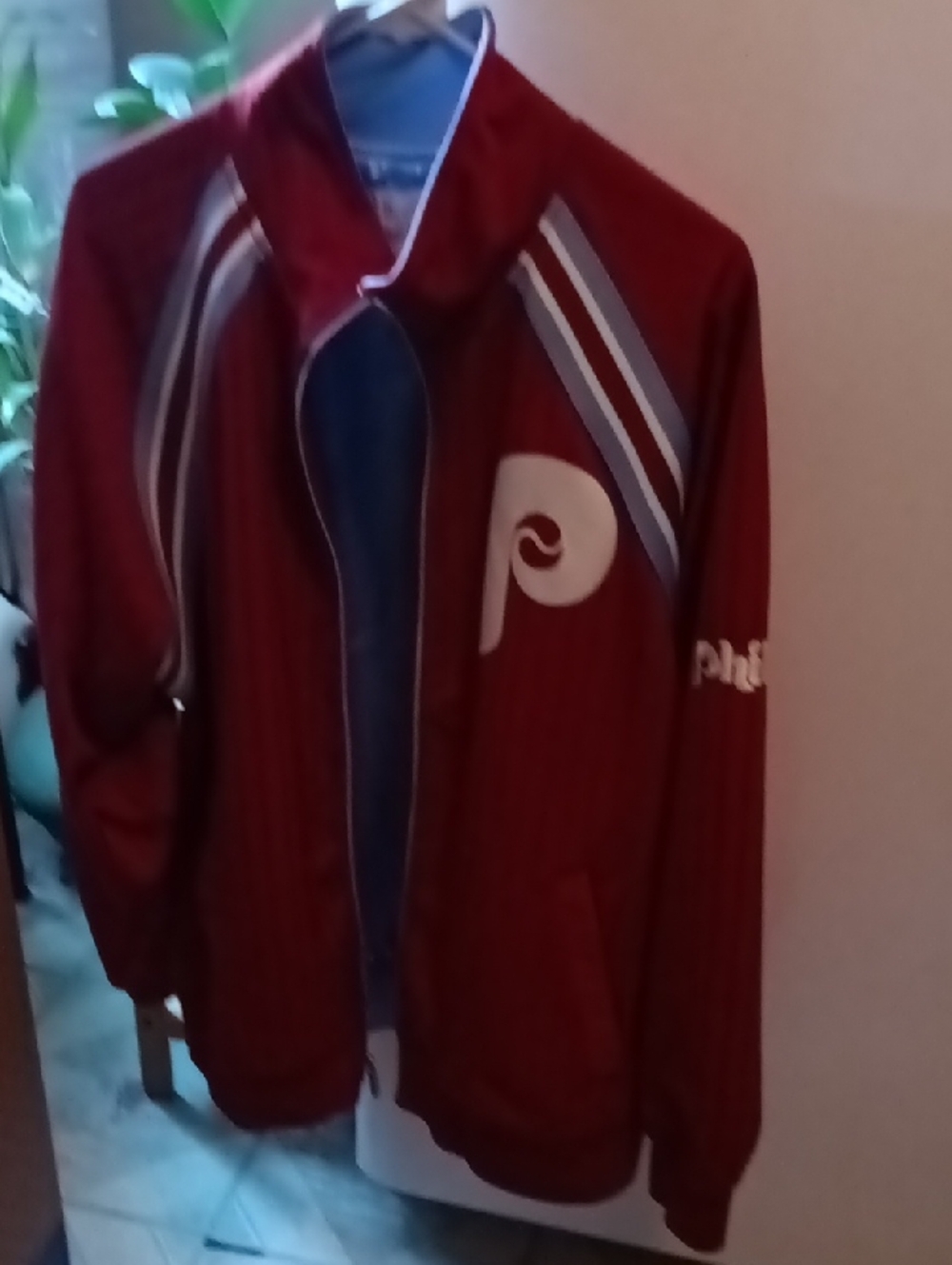 Mitchell & Ness Red Phillies-Style Bomber Jacket with Blue & Cream Stripes